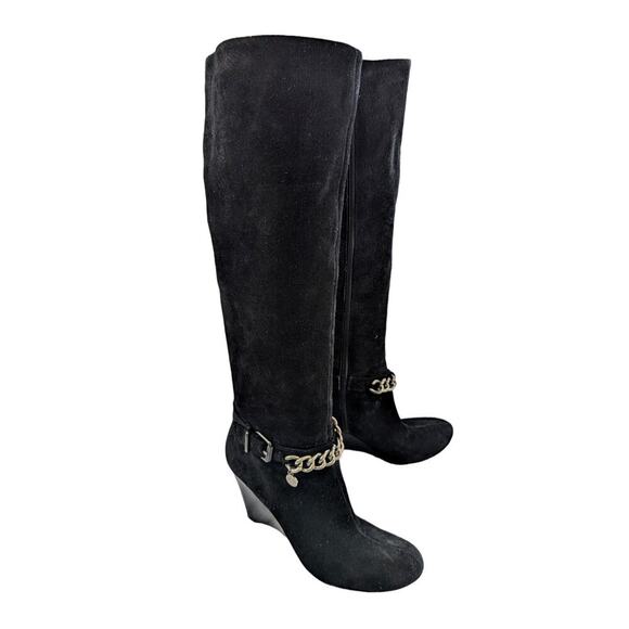 BCBGENERATION! MERRY BLACK SUEDE LEATHER WEDGE HEELS CHAINED BOOTS! SZ 7.5B - Picture 2 of 11